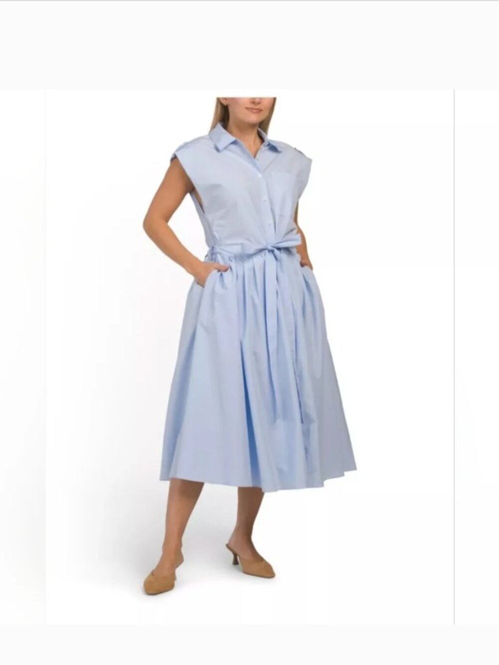 Zara Midi Blue Flared/Pleated Front Button Wrap Tie Waist Cotton Poplin Dress